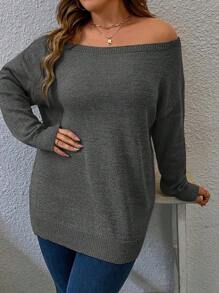 Calvaya 大码女式纯色露肩长袖宽松休闲毛衣，秋冬针织套头衫 - 深灰色 - 查看 6