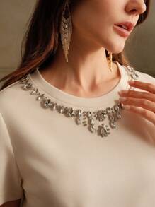 Anewsta Áo thun đơn giản đính đá Rhinestone giản dị dành cho nữ - Màu be - Xem 2