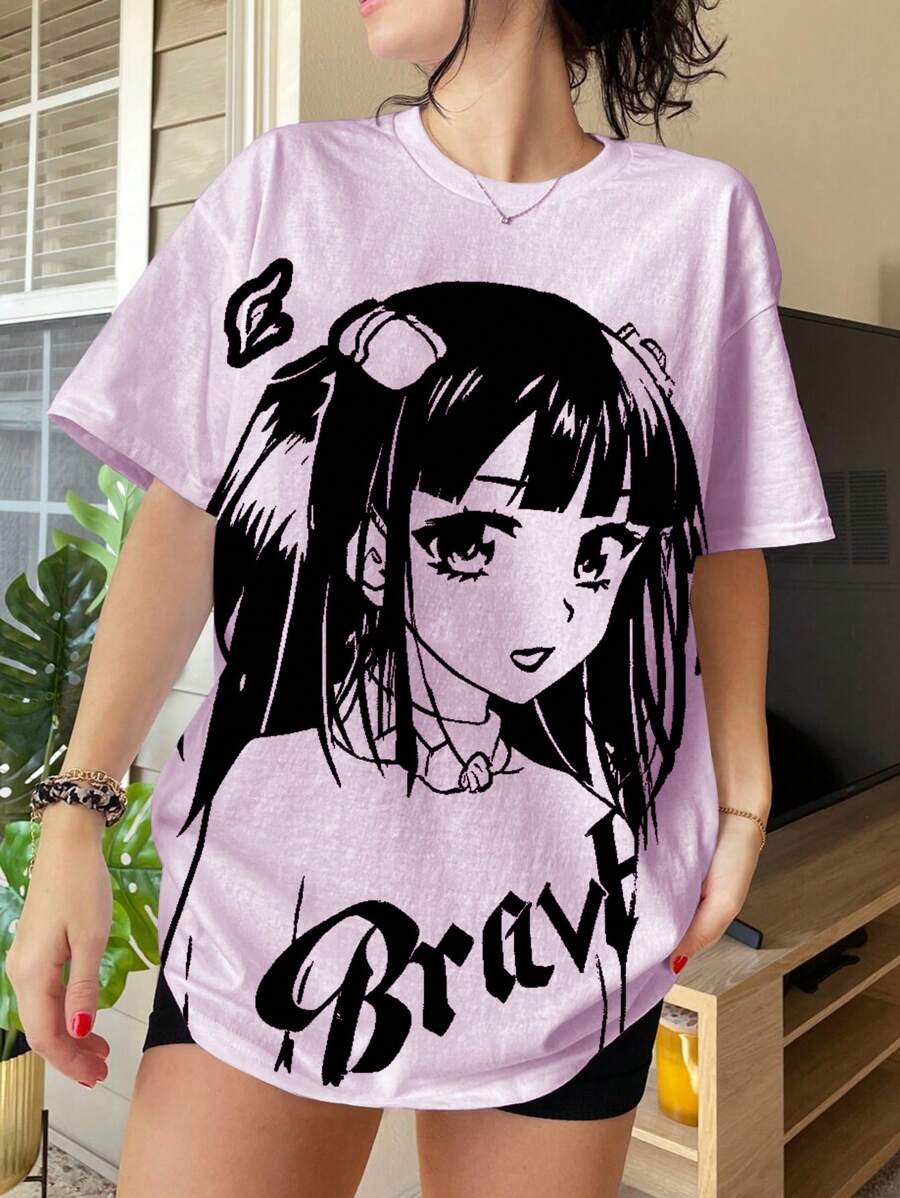 INAWLY 女式夏季宽松动漫人物图案圆领落肩 T 恤，图案 T 恤图案 T 恤女式上衣 - 紫色 - 查看 1