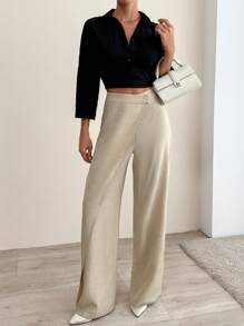 EURMUSE Women's Wrapped Design Straight Long Pants - Beige - View 5