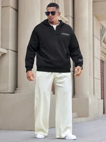 Manfinity Homme 大码男士字母刺绣休闲运动裤，秋冬款 - 米色 - 查看 5