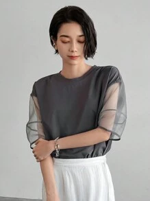 FRIFUL Designer Summer Casual Mesh Contrast Round Neck Short Sleeve T-Shirt Sheer