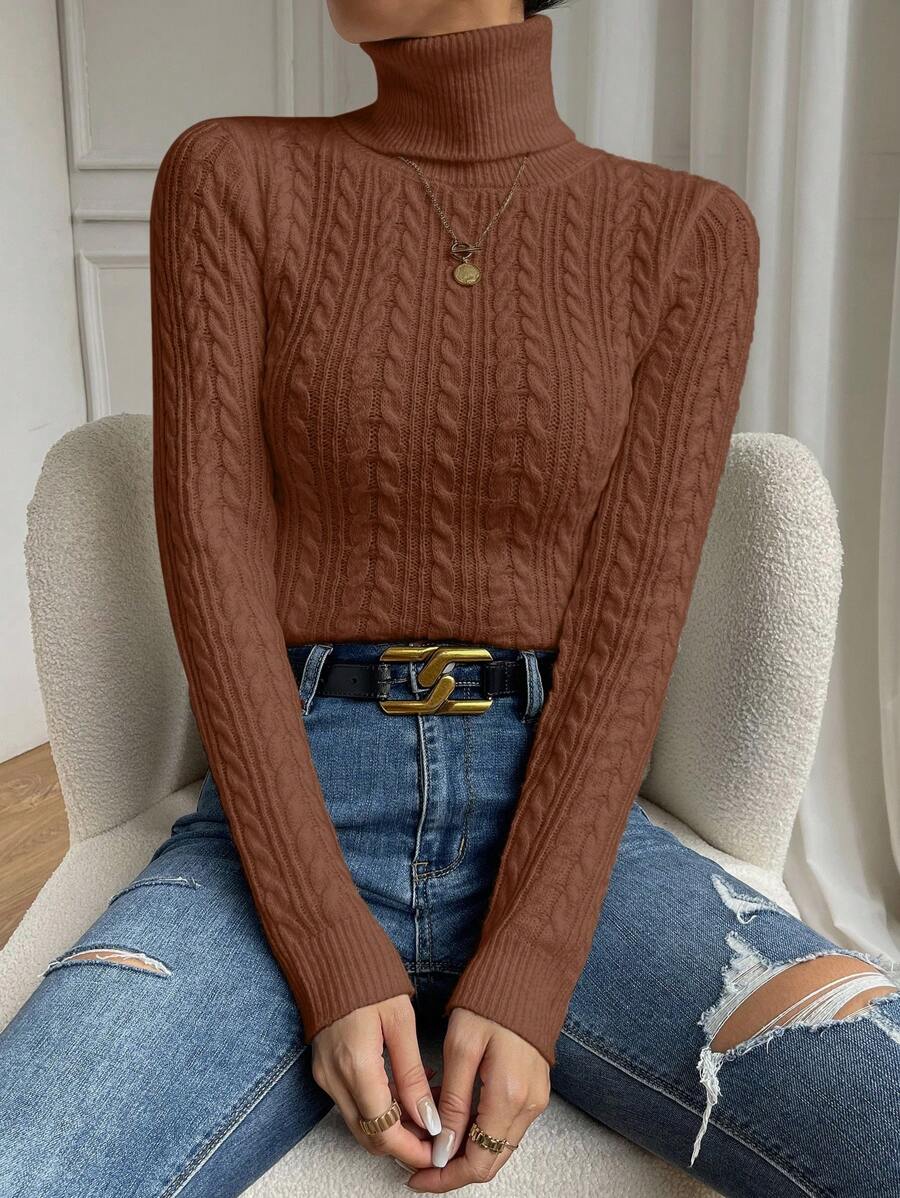 SHEIN ChicEase Solid Color High Neck Sweater, Autumn/Winter,Long Sleeve Tops, Knit Pullover Fall - Coffee Brown - View 1
