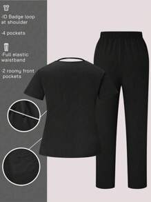 SHEIN TaskFit 大码纯色短袖上衣和裤子手术服套装 - 黑色 - 查看 2