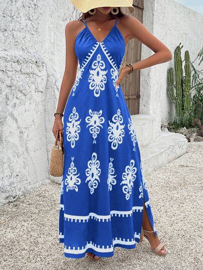 Breezaya Vacation Casual Spaghetti Strap Split Dress With Random Floral Pattern Maxi Vacation Beach Outfits Women