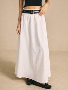 Poéselle Women's White Long Skirt With Belts Solid Color Pleated A-Line Skirt, Casual Daily Wear