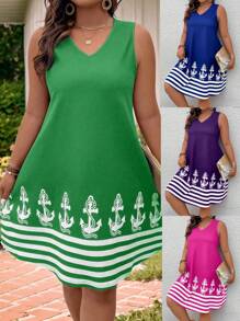 SHEIN LUNE Vestido informal de vacaciones de talla grande con estampado de bloques de color, rayas y ancla sin mangas - Multicolor - Ver 8