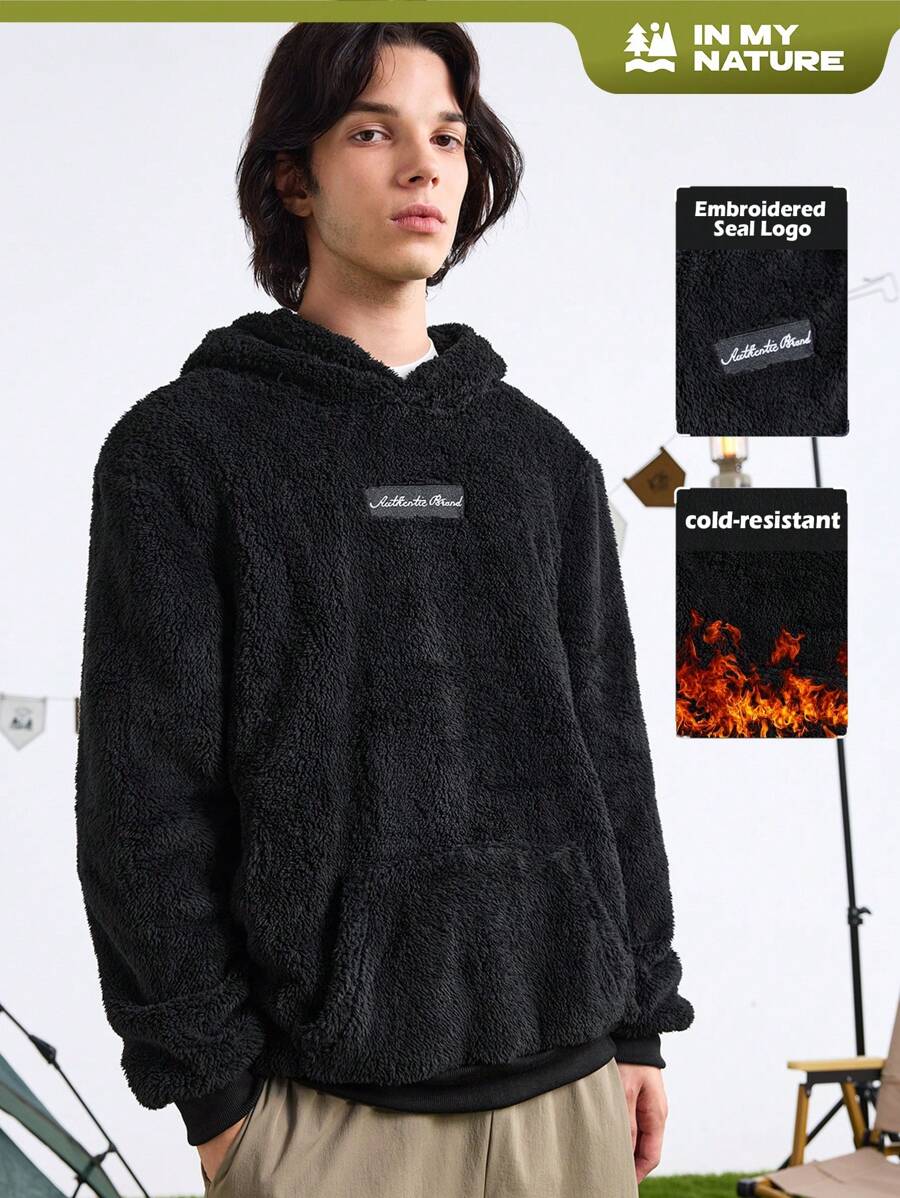 In My Nature 男士字母刺绣抓绒连帽卫衣，适合户外、秋季穿着，抓绒拉链连帽外套，加厚休闲百搭针织外套，适合运动和户外活动，男友风，男士冬季穿搭，男士外套，优质面料，专为户外活动设计，男士必备外套，圣诞礼物，万圣节礼物，秋冬季 - 黑色 - 查看 1