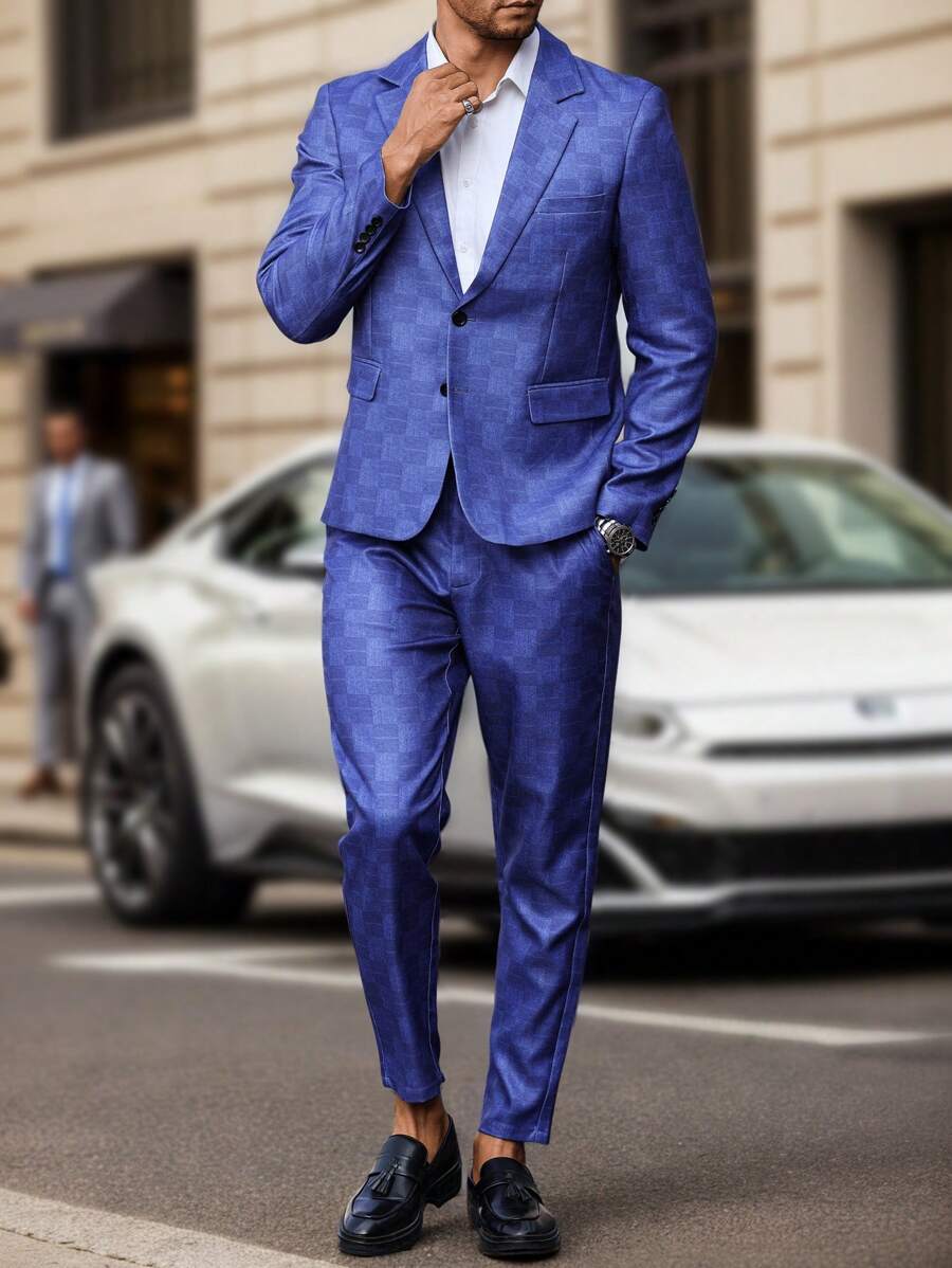 Manfinity Mode Men's Plaid Contrasting Textured Suit Two-Piece Suit, Notch Lapel Suit Jacket, Back Detail Split, Casual Suit Pants, Business Casual Autumn And Winter Suit - Navy Blue - View 1