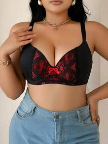 Romantic Lace Patchwork See-Through Supportive Wireless Plus Size Lingerie Bra Set - Multicolor - View 4