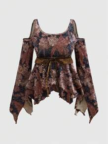 ROMWE Hippie Hippie Leaf Print Off Shoulder Blouse For Women