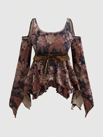Hippie Blouse à imprimé de feuilles d'épaule dégagée pour femme style hippie