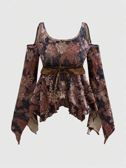 Hippie بلوزة كتف مكشوف بطباعة ورقية أسلوب هيبي للنساء