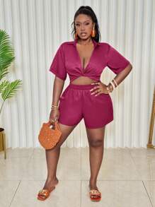 Slaydiva Plus Size V-Neck Loose Fit Vacation Shorts Set, Pink - 2pcs - Hot Pink - View 7