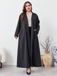Al Najma Plus Size Arabian Striped Double-Breasted Long Casual Modest Long Sleeve Dress, Spring Autumn Abayas - Black - View 1