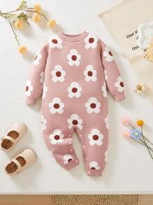SHEIN Newborn Baby Girl Cute Floral Print Pink Footed Romper, Autumn & Winter