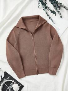 SHEIN LUNE Women's Fashionable Long Sleeve Double-Zip Cardigan Sweater In Fall/Winter - Brown - View 8