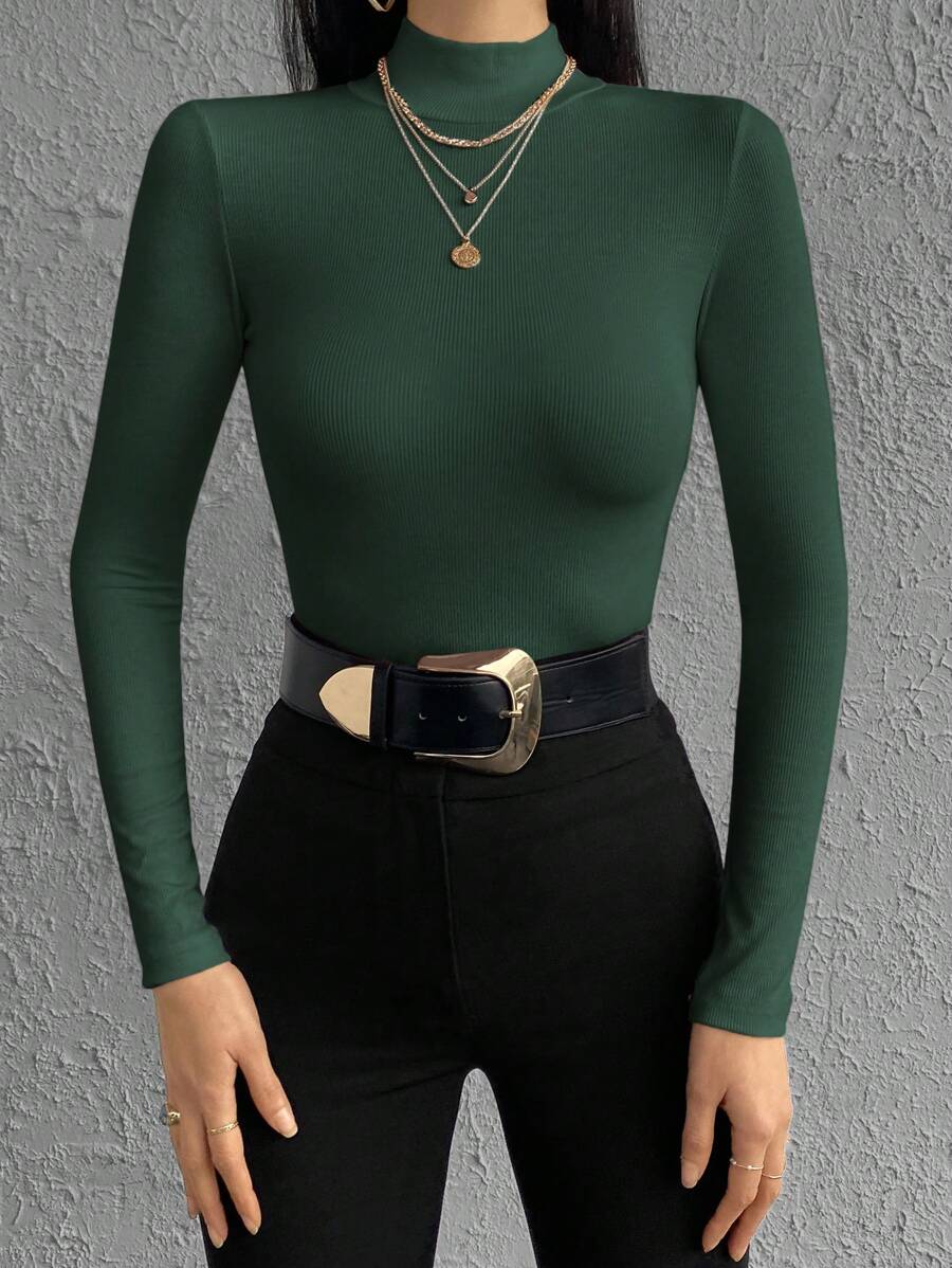 Cloudara Solid Mock Neck Ribbed Knit Tee - Dark Green - View 1