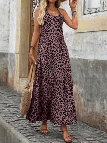 Calvaya Leopard Print Halter Backless Ruffled Maxi Vacation Dress