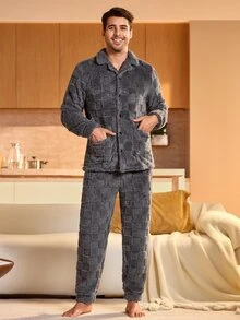 2 pièces Ensemble de pyjama homme avec chemise à manches longues et boutons devant et pantalon, couleur unie - Gris foncé - Voir 3