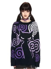 ROMWE Kawaii Women's Round Neck Long Sleeve Casual Cat Graphic Knit Sweater - Black - View 6