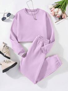 2 piezas/set de sudadera y pantalón de chándal de cuello redondo informal para adolescentes, tejido - Púrpura malva - Ver 1