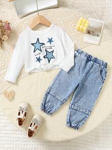 Bộ 2 món/Bộ áo thun in chữ và ngôi sao màu trắng thường ngày cho bé gái và quần denim xanh giặt, Bộ thu đông - trắng - Xem 7