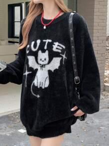 FRIFUL Áo len nữ tay dài cổ tròn dáng rộng họa tiết chữ hoạt hình, mùa thu đông - màu đen - Xem 3