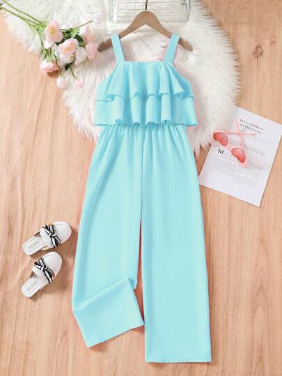 SHEIN Tween Girl  Solid Color Ruffle Strap Jumpsuit, Summer