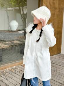 SHEIN 女孩针织加厚提花内衬连帽抽绳夹克，秋冬保暖外套 - 白色 - 查看 1