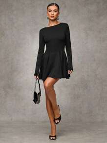 SHEIN BAE 女士黑色纯色甜美休闲圆领长袖简约荷叶边下摆短款迷你连衣裙/黑色返校节礼服 - 黑色 - 查看 5