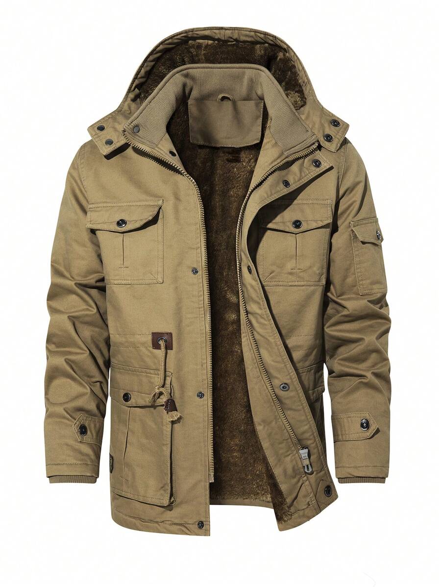 Manfinity Homme 男士长袖宽松翻盖口袋抽绳腰带连帽保暖内衬冬季外套，适合秋季穿着