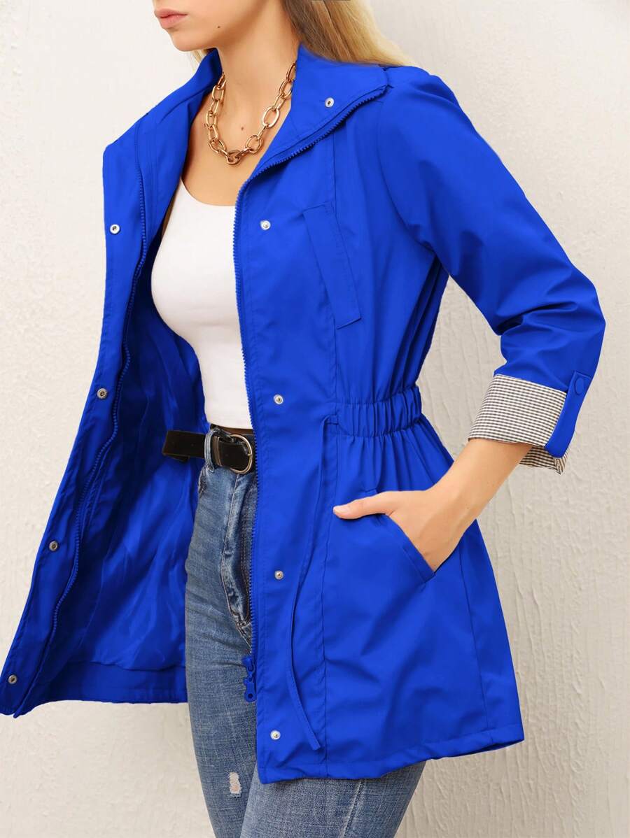 RueChic Roll Tab Sleeve Drawstring Waist Hooded Coat - Blue - View 1