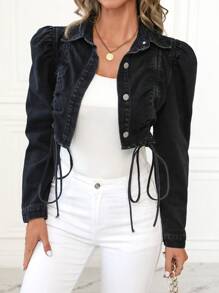SHEIN LUNE Women's Casual Puff Sleeve Drawstring Cropped Denim Jacket, Autumn - Black - View 3