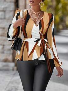 Chiquease Women's Elegant Commuter Shirt With Full Print V-Neck And Lantern Sleeves (Random Print), Spring And Summer Peplum Top