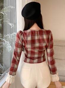DAZY Chaqueta corta de manga larga con parches de encaje a cuadros para mujer, con volantes, ropa de otoño, ropa de vuelta al colegio