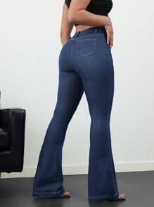 SHEIN Tall 女士牛仔裤 紧身弹力喇叭裤 排扣牛仔裤 蓝色牛仔裤 打底裤 喇叭裤 女式紧身裤 秋季裤子 牛仔裤 高腰牛仔裤 返校节 - 深色水洗藍 - 查看 3