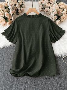 SHEIN LUNE 大码夏季休闲纯色缺口领衬衫 - 軍綠色 - 查看 2