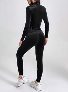 SHEIN PETITE Black Two Pieces Velvet Tracksuit Zip Up And Leggings - Black - View 2