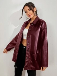 SHEIN EZwear 女士宽松休闲落肩长袖纽扣 PU 常规夹克，春秋季 - 酒紅色 - 查看 1