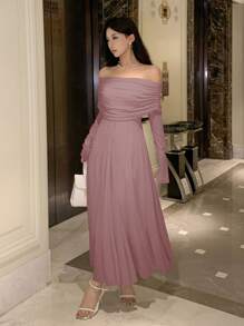 DAZY Abito elegante monospalla a tinta unita, adatto per autunno, feste di compleanno e balli, vestito da donna per l'autunno - Rosa - Visualizzare 5