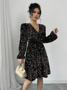 Chiquease Elegant Long Sleeve V-Neck Waist Cinched Midi Dress Fall Cloth For Women - Black - View 6