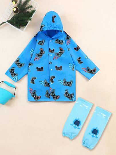 Boys' Cute Monster Print Waterproof Raincoat With Shoe Covers,Outdoor Hiking School Rain Jacket Set