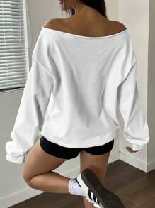 Flirla Áo nỉ nữ in hình môi, vai lệch, mặc được 2 kiểu, thích hợp cho lễ tốt nghiệp, giáo viên, hoặc mặc đi học mùa thu. - trắng - Xem 2