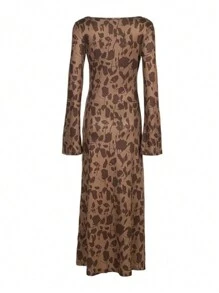 INAWLY Women Long Sleeve All-Over Print Mini Casual Dress - Brown - View 2