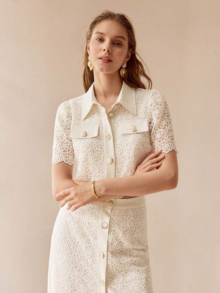 GUIPURE LACE FLAP DETAIL BLOUSE