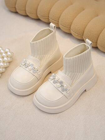 婴幼儿女孩珍珠纽扣亮片针织踝靴，舒适平底户外和日常穿着