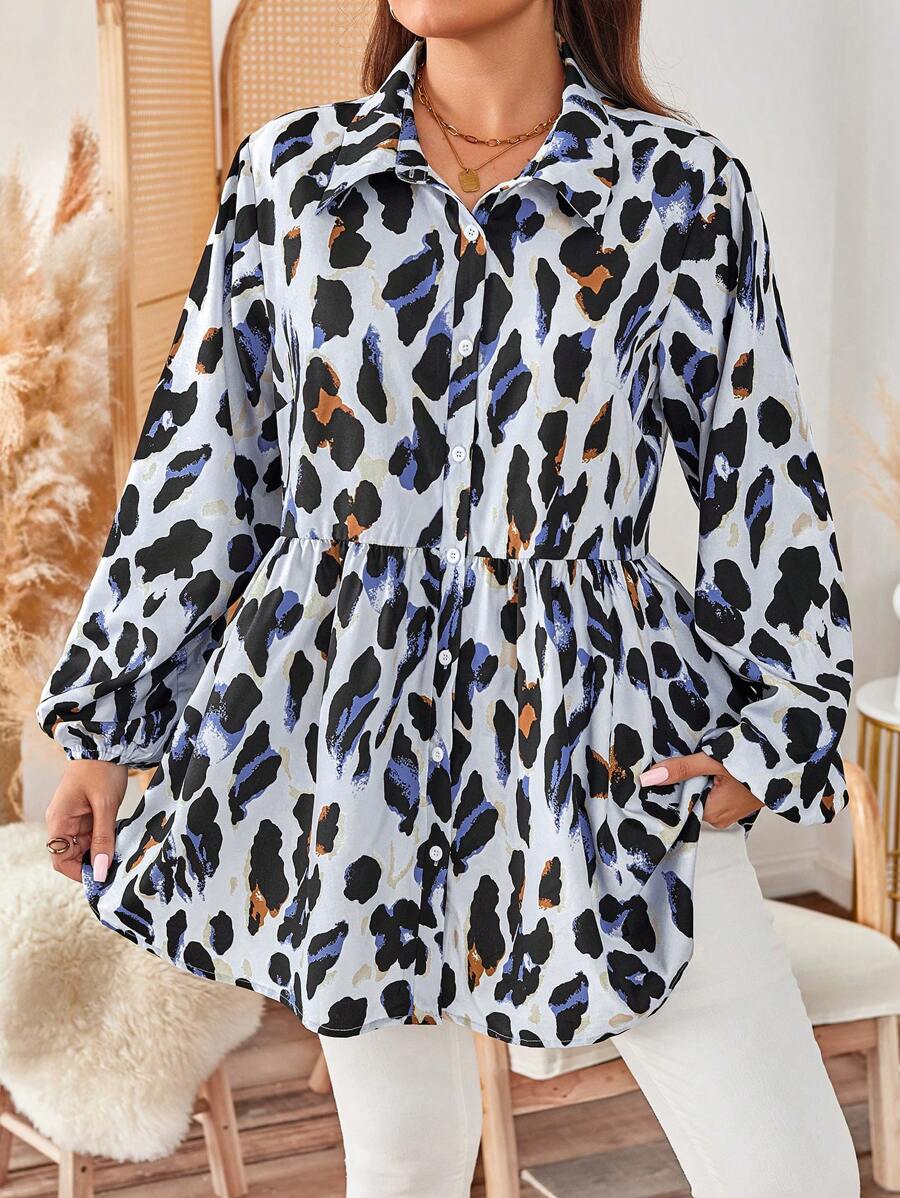 SHEIN LUNE Camicia a motivo a griglia con maniche a lanterna, modello oversize, casual e carina, da donna per primavera/autunno, con paillettes, ideale per abbigliamento da festa e uso quotidiano, essenziale per vacanze