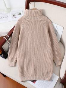 Vestido suéter casual solto de manga comprida com gola alta e manga raglan para meninas pré-adolescentes, outono/inverno