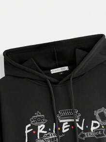 FRIENDS X SHEIN Men's Casual Letter Printed Dropped Shoulder Drawstring Hooded Sweatshirt, Spring And Autumn, Long Sleeve Top